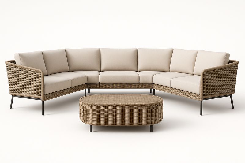 Divano angolare in rattan sintetico beige con cuscini in poliestere
