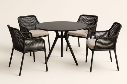 Set tavolo rotondo metallo nero con 4 sedie in corda e tessuto beige
