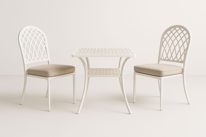 Set tavolo quadrato e sedie in metallo bianco con seduta in tessuto beige
