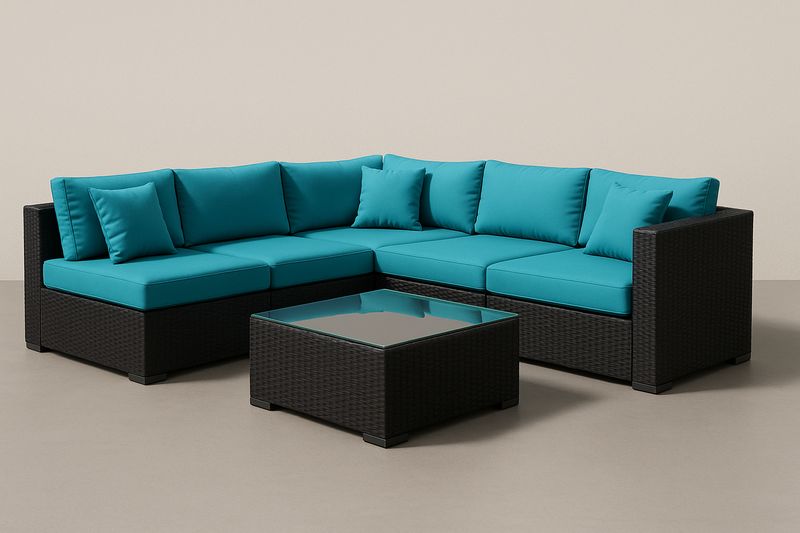 Set divano angolare da esterno in rattan con cuscini blu e tavolino in vetro temperato