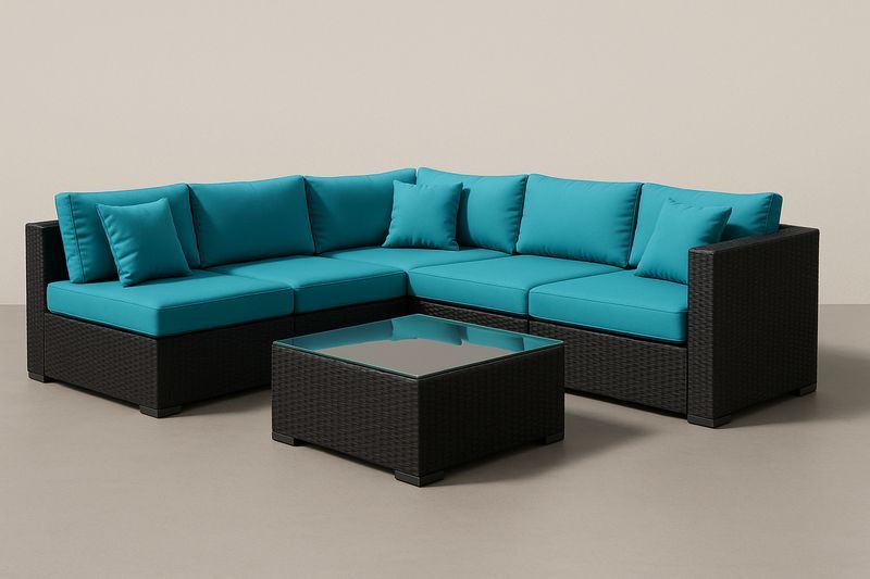 Set divano angolare da esterno in rattan con cuscini blu e tavolino in vetro temperato