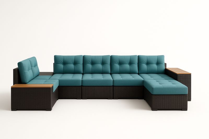 Divano modulare a L in rattan sintetico marrone con cuscini in tessuto blu e braccioli in legno