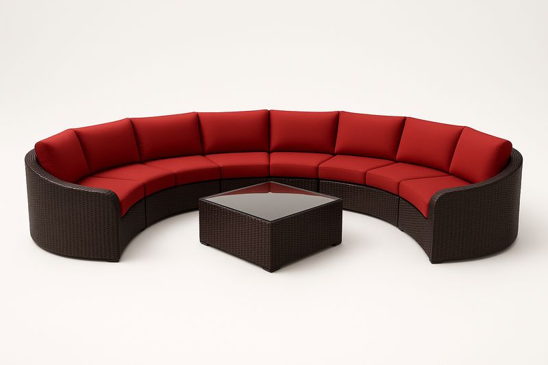 Set Divano Curvo Modulare in Rattan con Cuscini Rossi