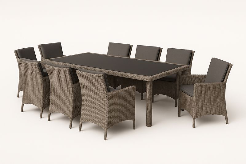 Set tavolo da pranzo rettangolare con 9 sedie in rattan sintético e piano in vetro temperato nero 250 cm
