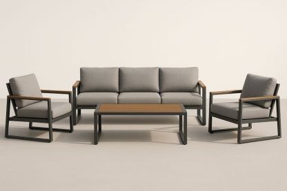 Set Divano da Esterno in Legno e Alluminio con Cuscini Grigi