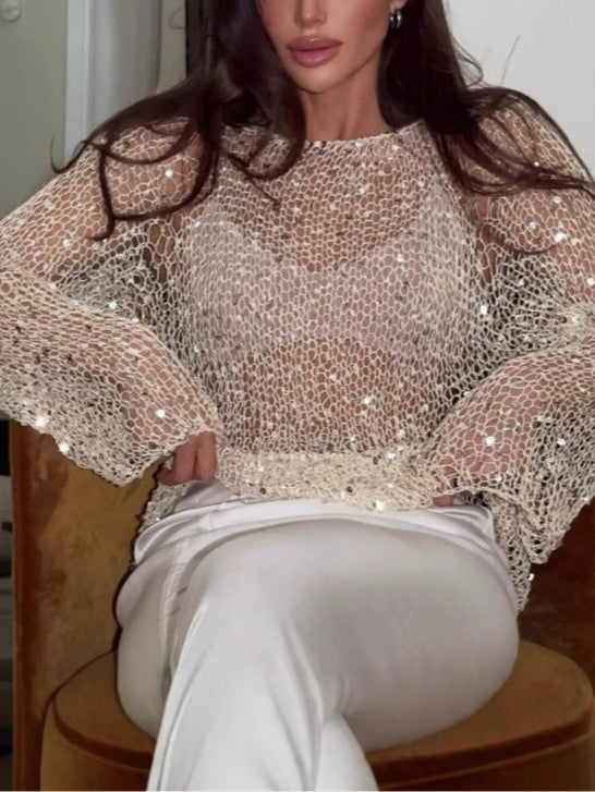 Sequined knitted hollow long-sleeved top-thevervian
