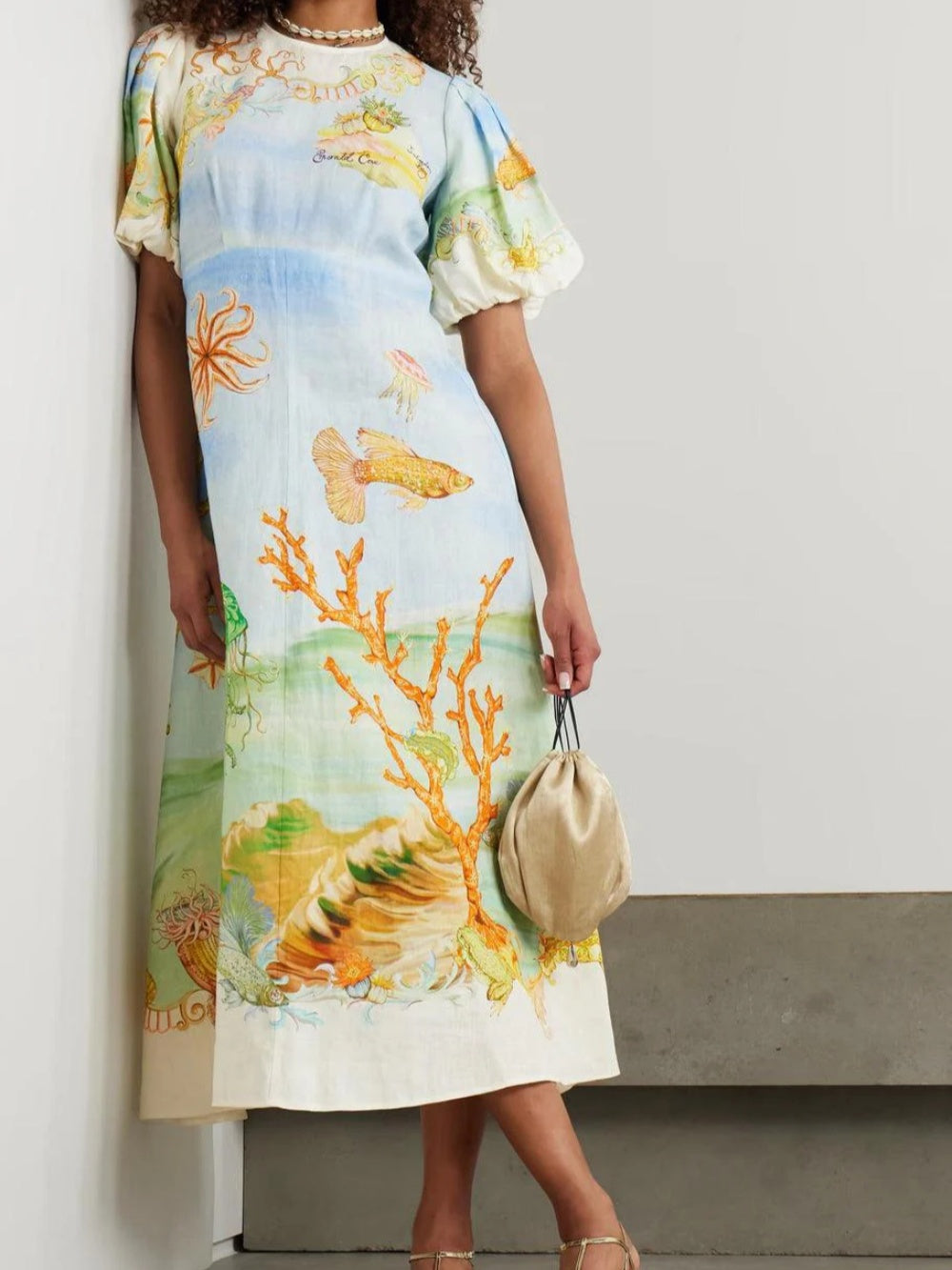 Gathered Printed Linen-Gauze Midi Dres-thevervian