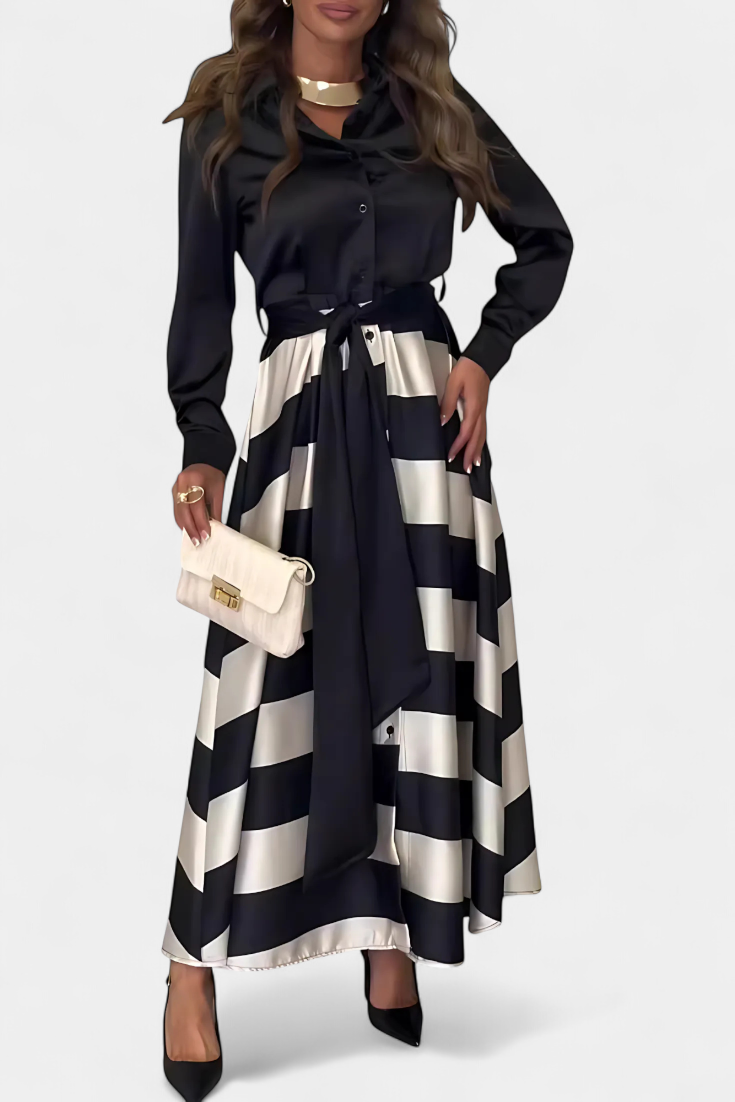 Nessia Long Striped Shirt-Style Dress with Belt