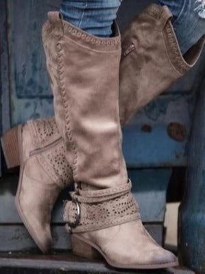 Vintage high-top leather buckle-decorated knight boots-thevervian
