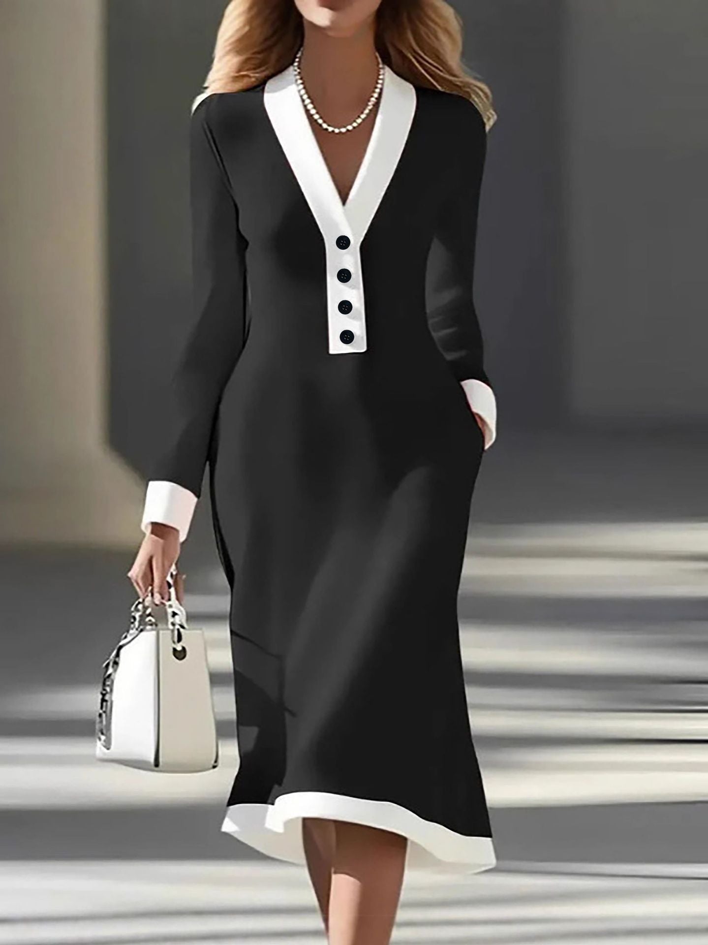 Elegant color-blocked V-neck midi dress for commuting-thevervian