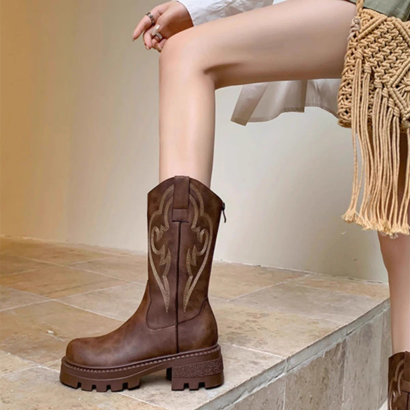 Retro soft leather thick-soled versatile mid-calf boots star_border-thevervian