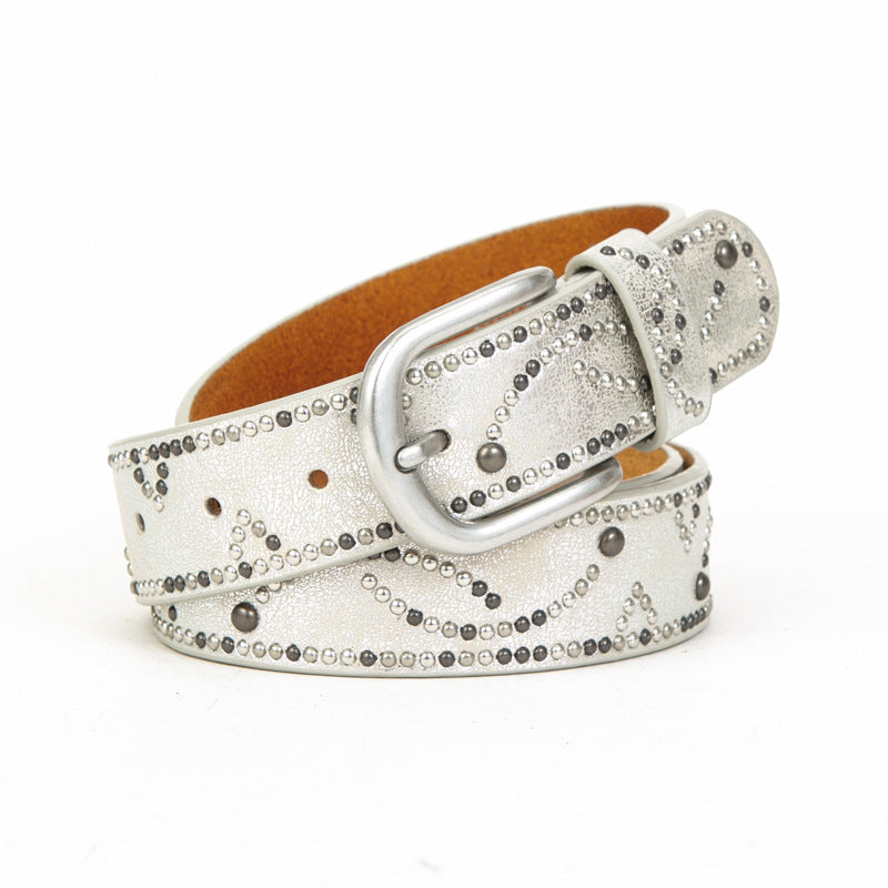 Distressed dark gold cracked PU leather rivet belt-thevervian