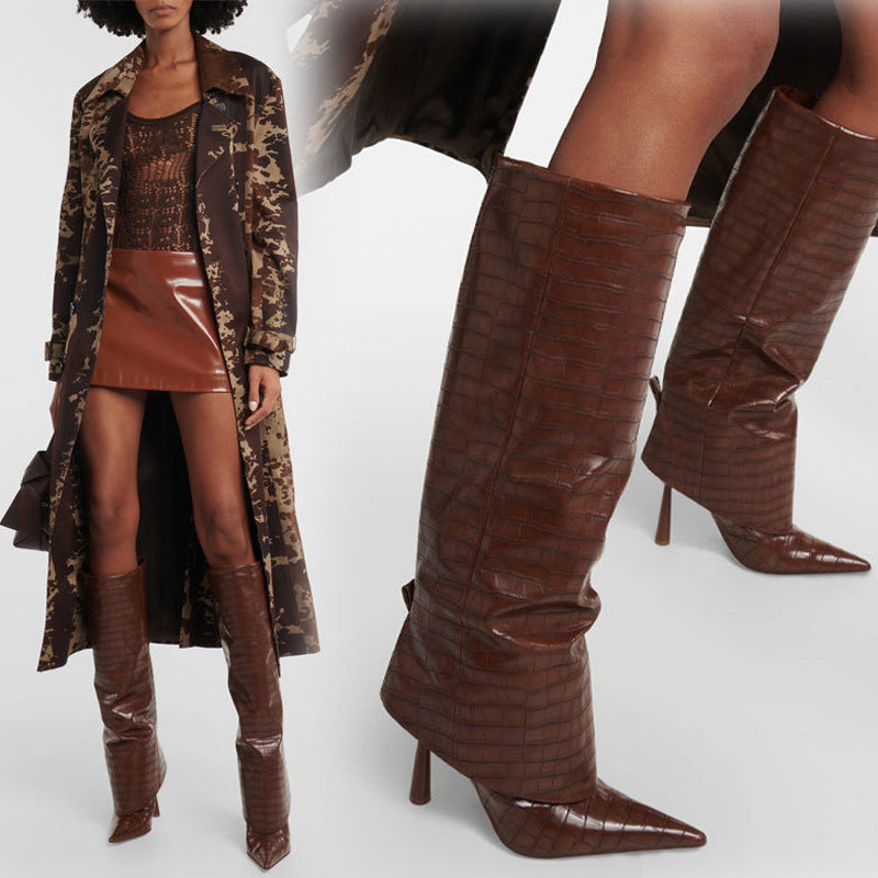 Stone-patterned pointed-toe stiletto boots-thevervian