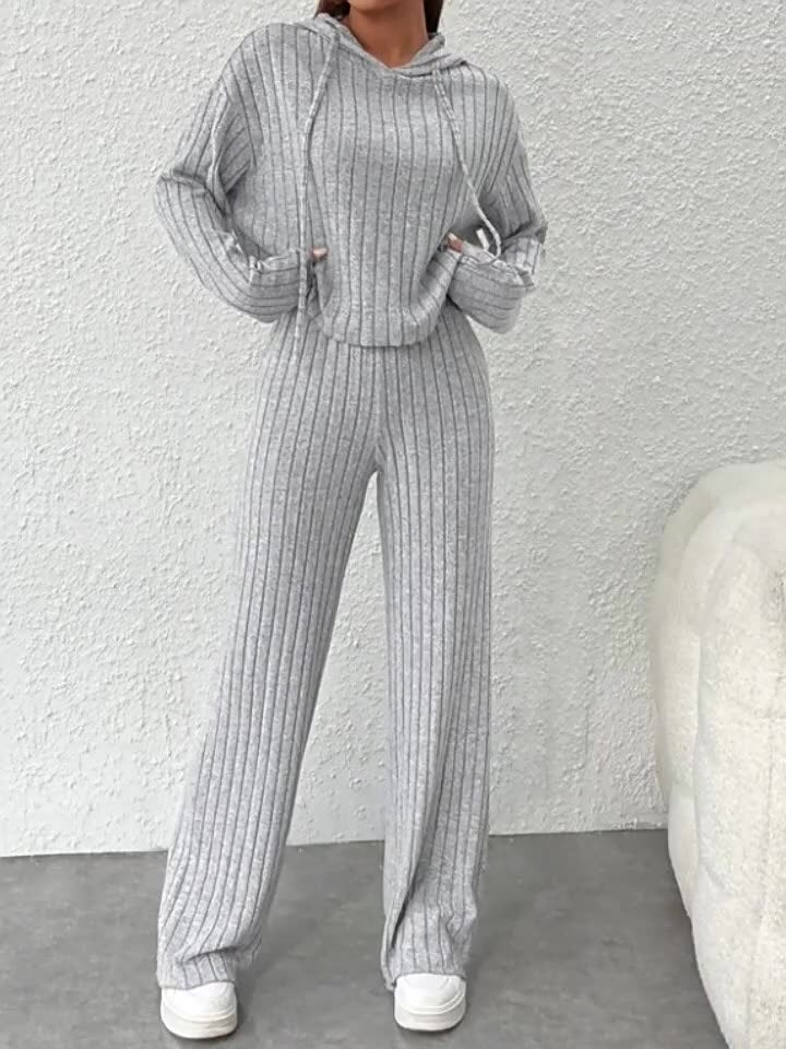Loose hooded knitted striped long-sleeved set-thevervian