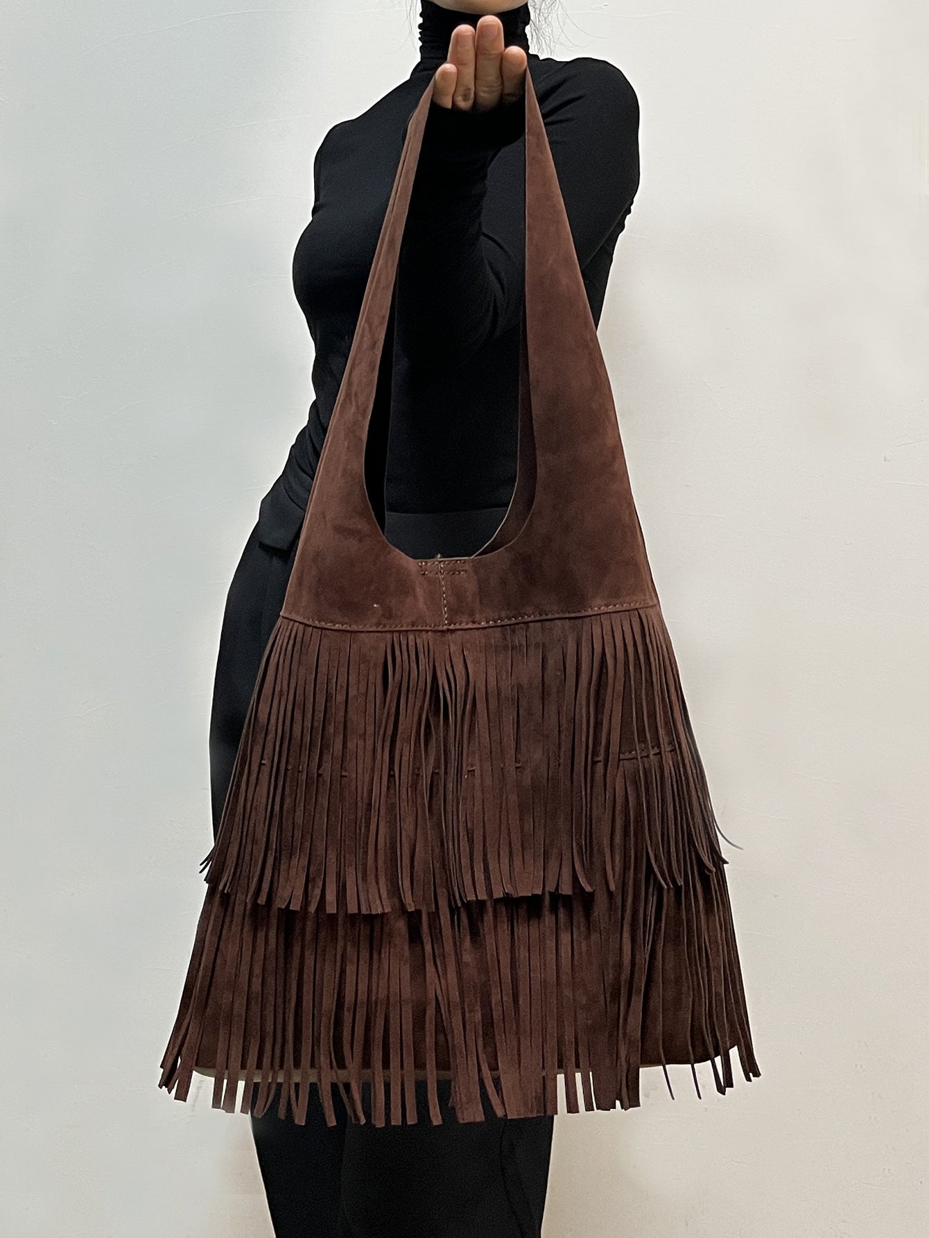 Retro versatile coffee suede tassel large bag-thevervian