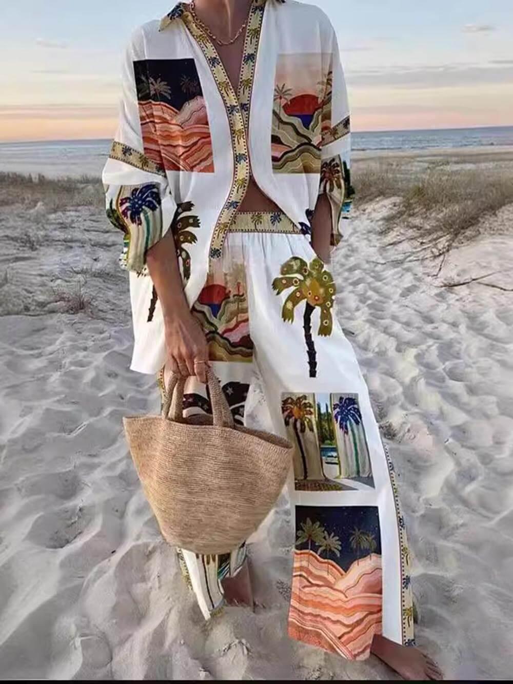 Palm Tree Unique Print Slouchy Two-Piece Set-thevervian