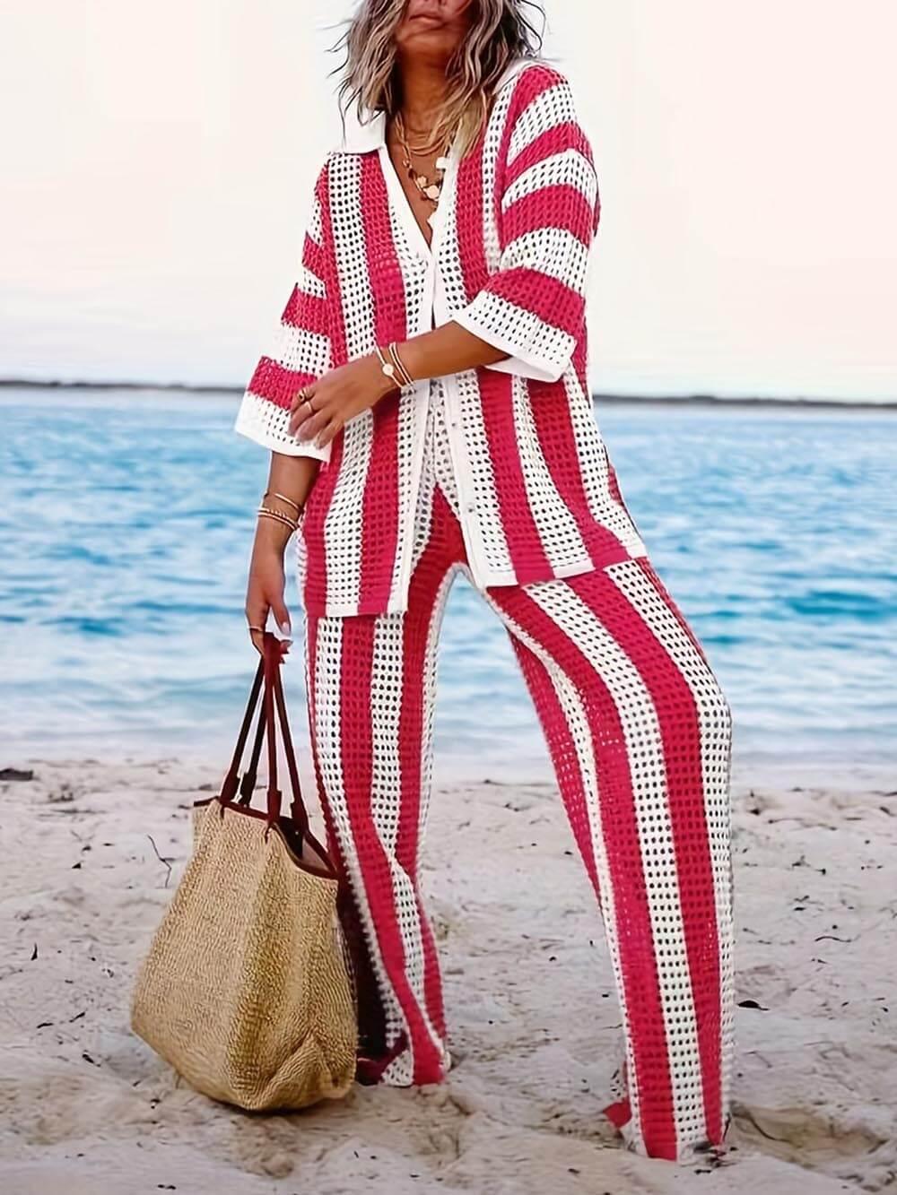 Loose V-Neck Fashion Hollow Out Striped Shirt Wide Leg Pants Set-thevervian