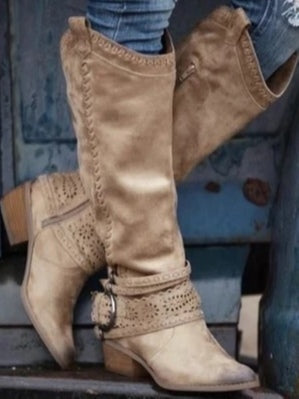 Vintage high-top leather buckle-decorated knight boots-thevervian