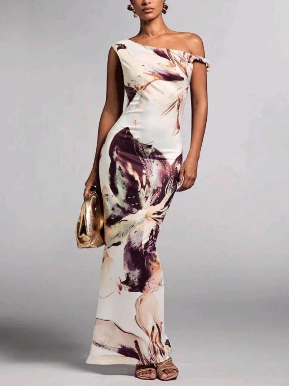 Printed pleated one-shoulder maxi dress-thevervian