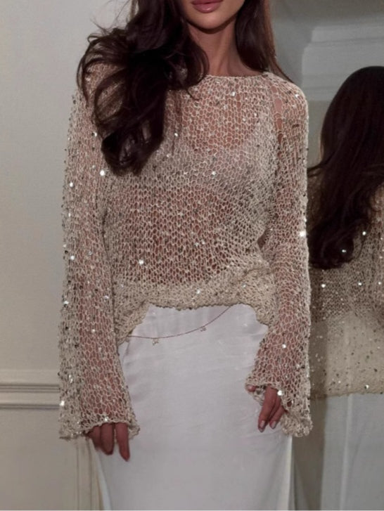 Sequined knitted hollow long-sleeved top-thevervian