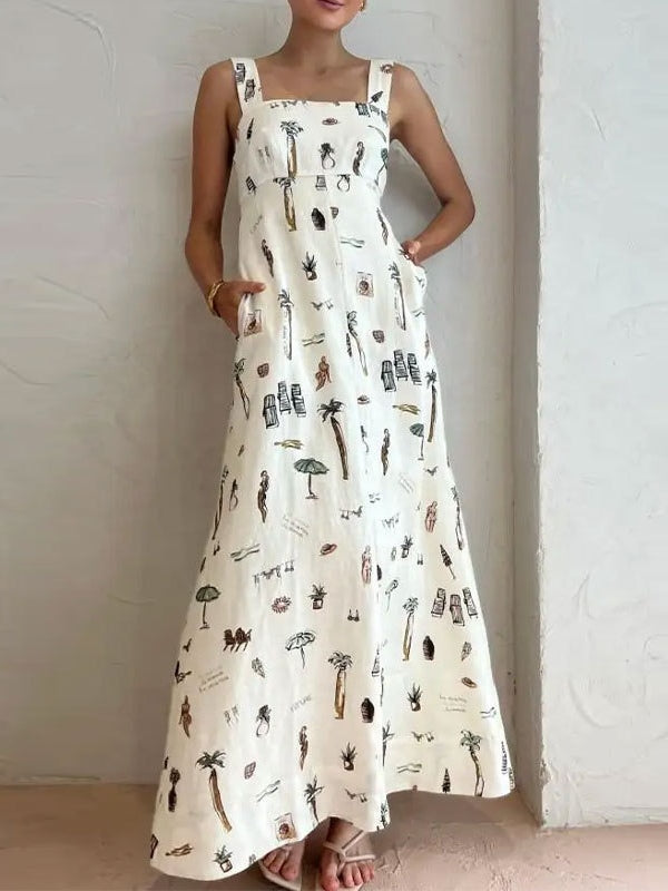 Sleeveless Tie-Drawn Print Swing Dress-thevervian