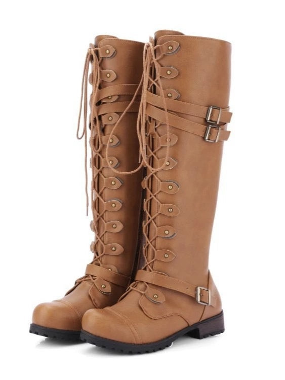 Round toe belt buckle rivet lace-up high-top riding boots-thevervian