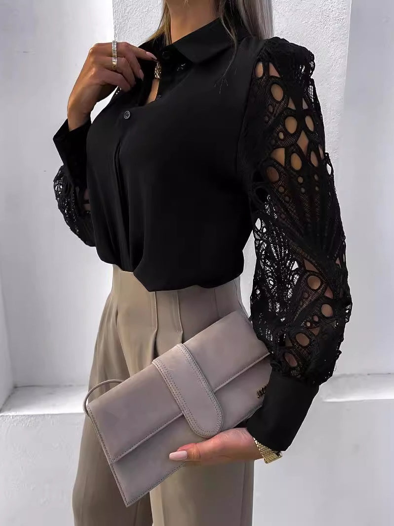 Women's solid color lace patchwork shirt-thevervian