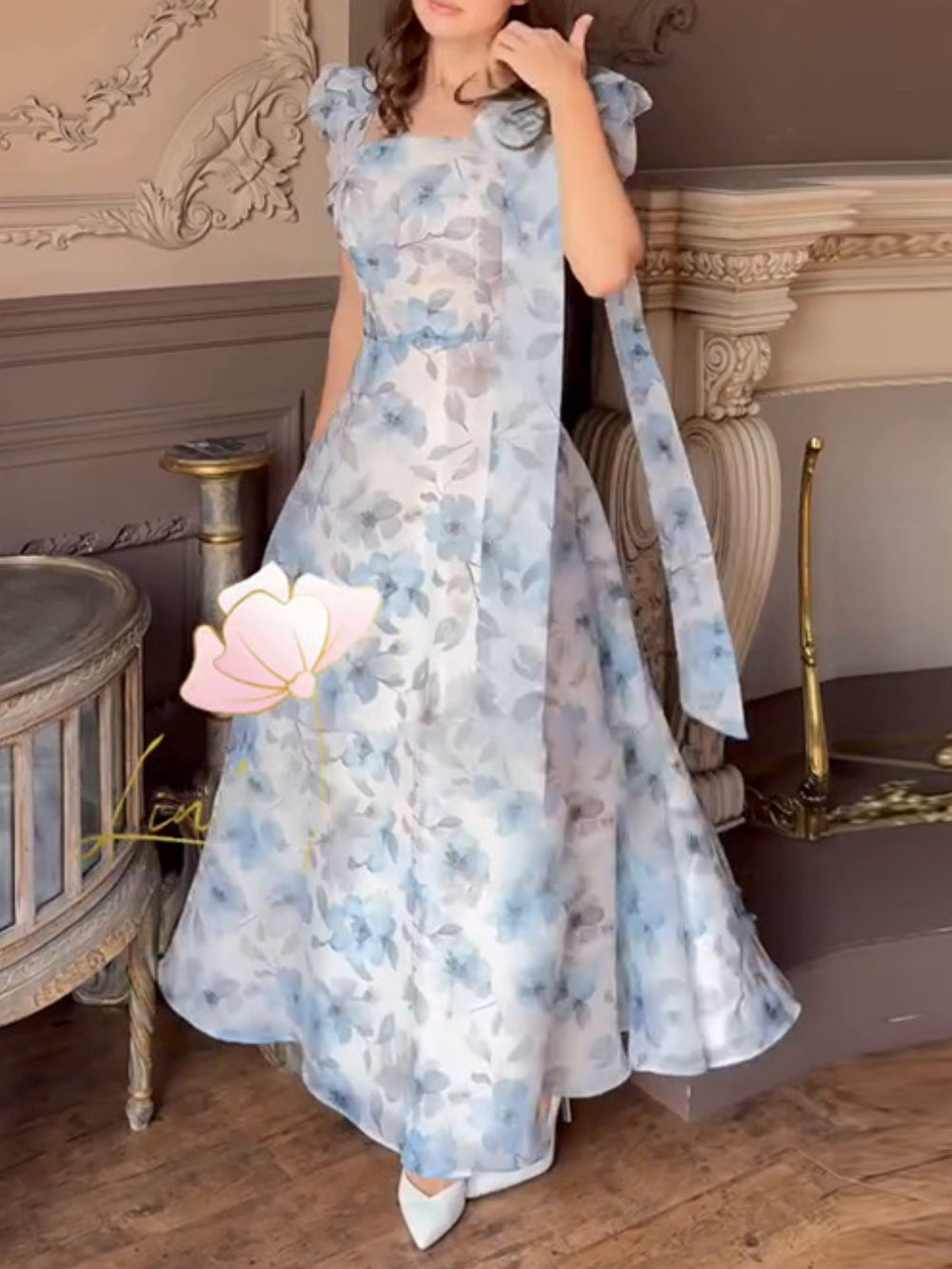 Elegant fitted printed dress with puff sleeves-thevervian