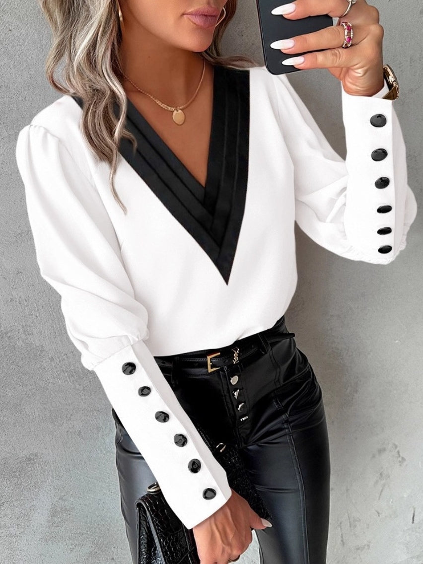 Autumn Fashion V-neck Solid Color Long Sleeve Button-up Shirt-thevervian