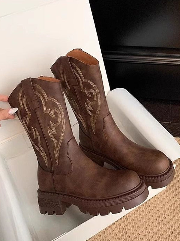 Retro soft leather thick-soled versatile mid-calf boots star_border-thevervian