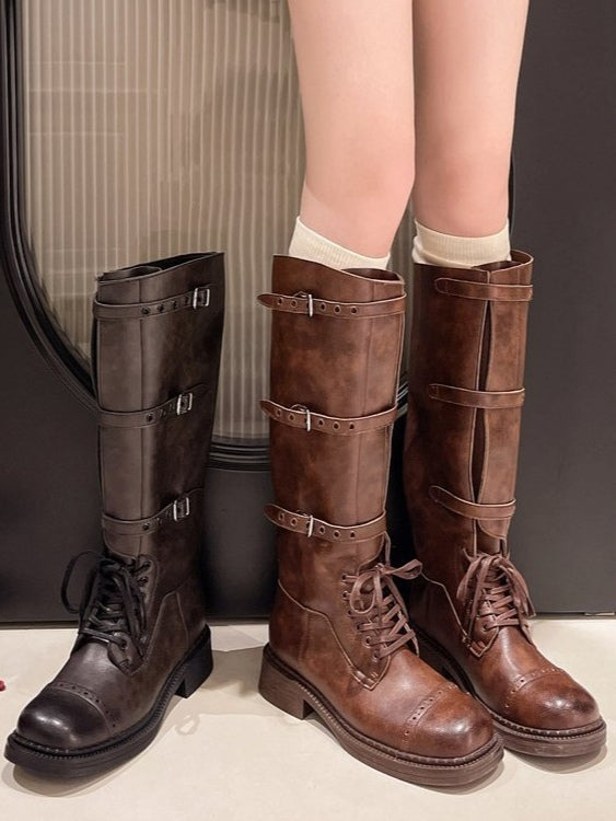 Retro distressed British square toe lace-up Martin boots-thevervian