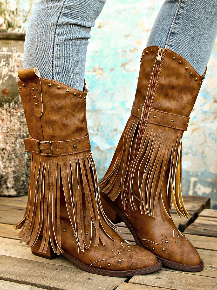 Retro tassel rivet belt knight boots-thevervian