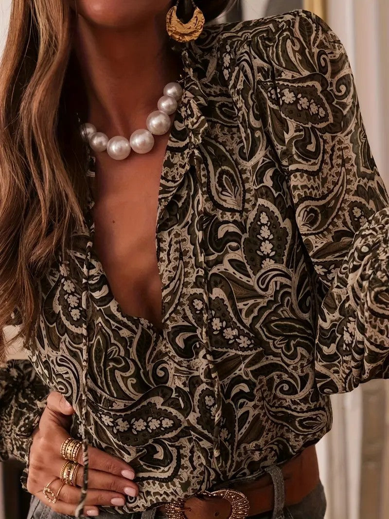 Retro Print Long Sleeve Loose-fitting Shirt for Women-thevervian