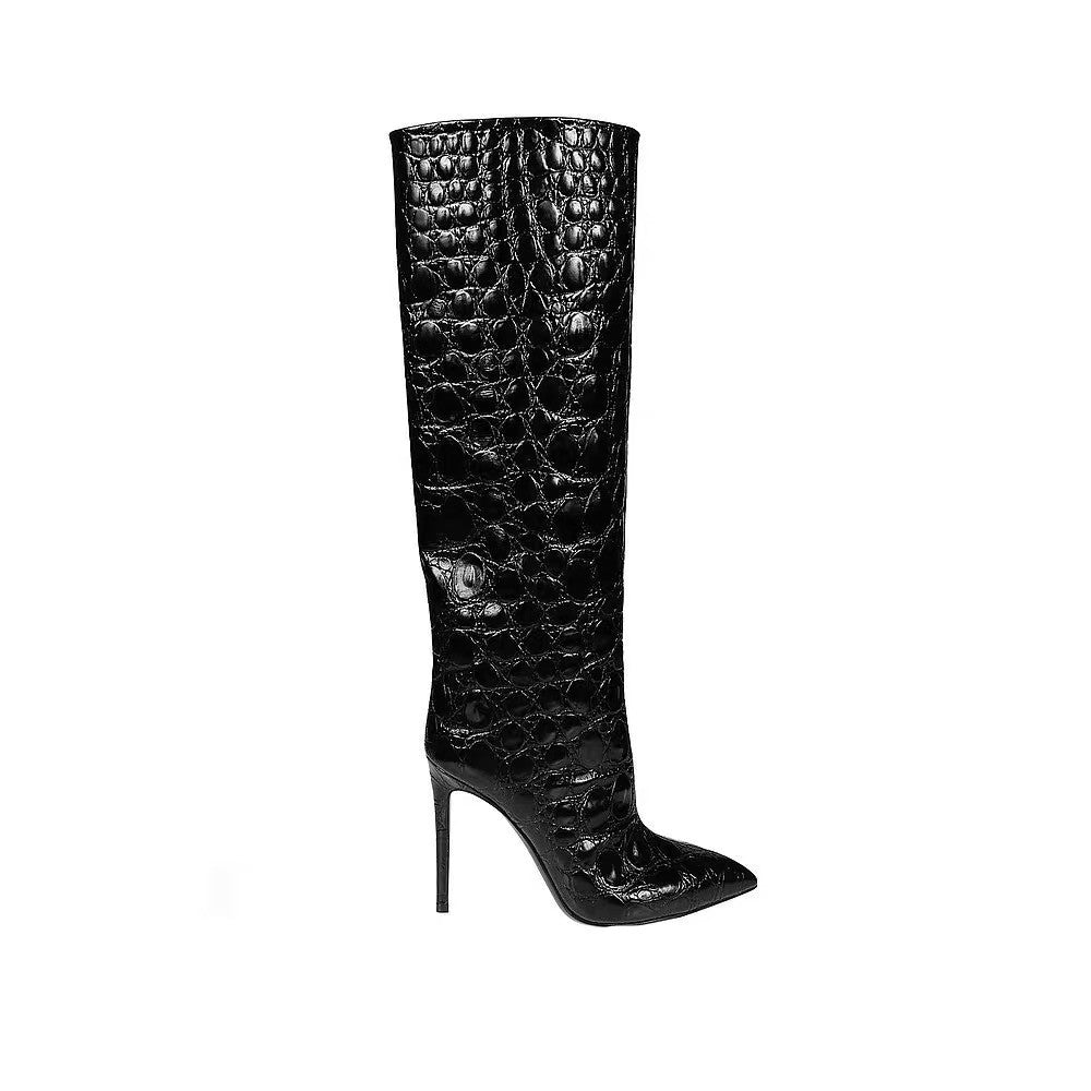 Snake-print high-heeled pointed-toe straight-leg boots-thevervian