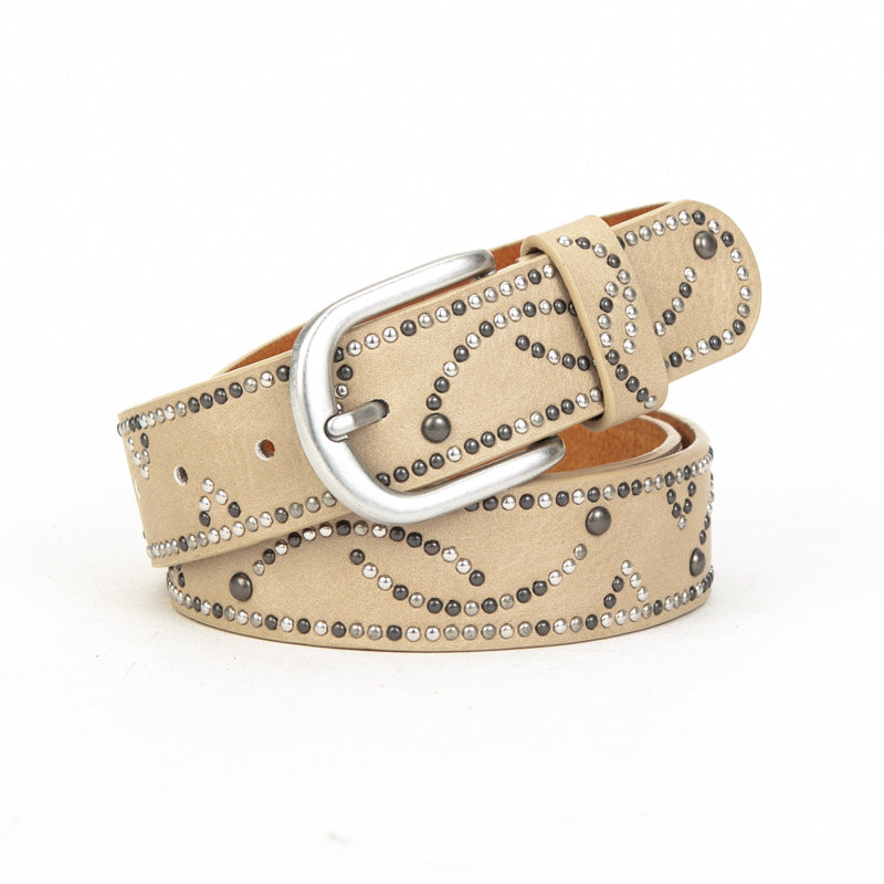 Distressed dark gold cracked PU leather rivet belt-thevervian