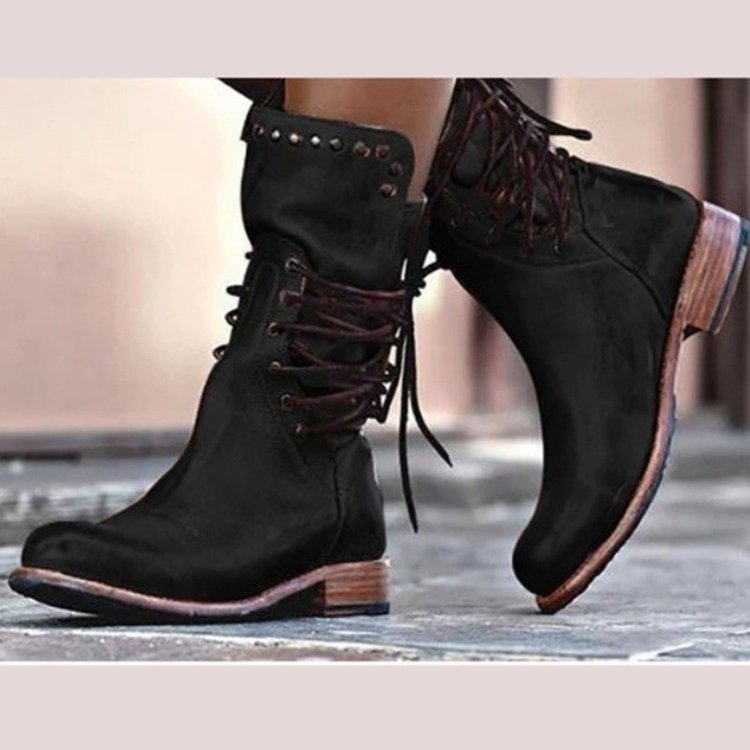 Retro British style rivet lace-up mid-calf boots-thevervian