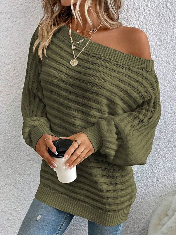 Striped batwing sleeve pullover knitted sweater-thevervian