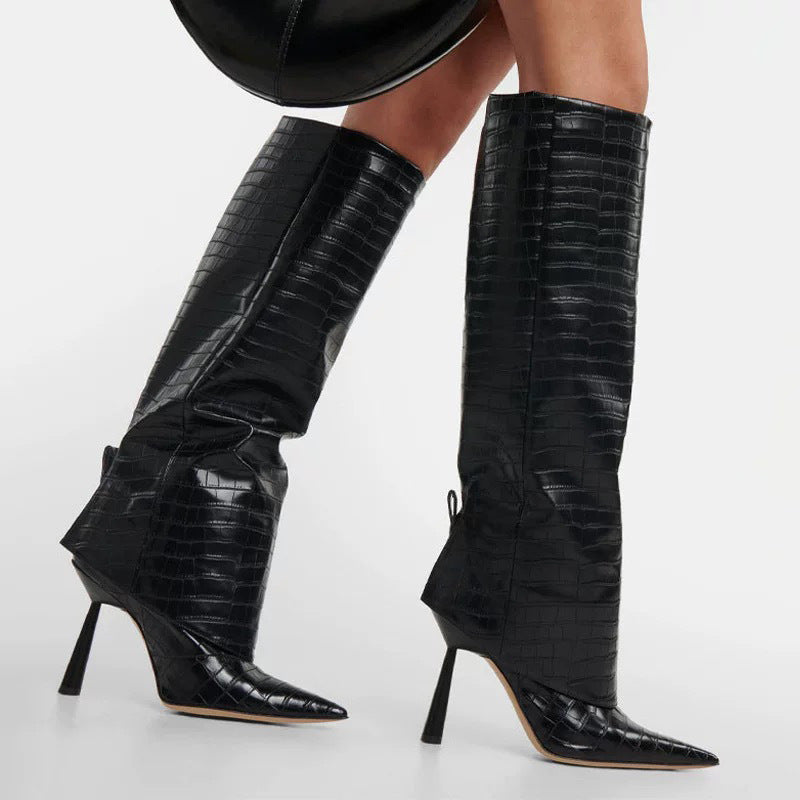 Stone-patterned pointed-toe stiletto boots-thevervian