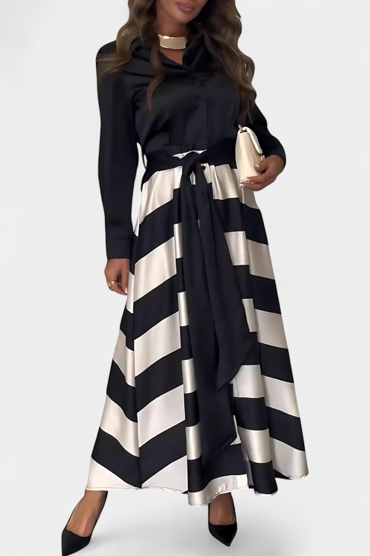 Nessia Long Striped Shirt-Style Dress with Belt