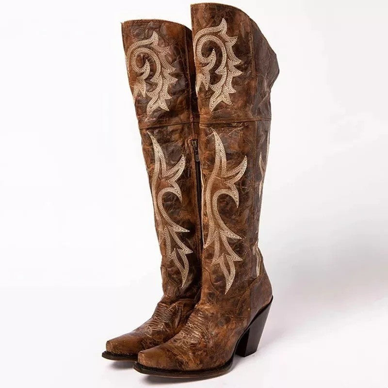 Retro pattern high-heeled thick-heeled high boots-thevervian