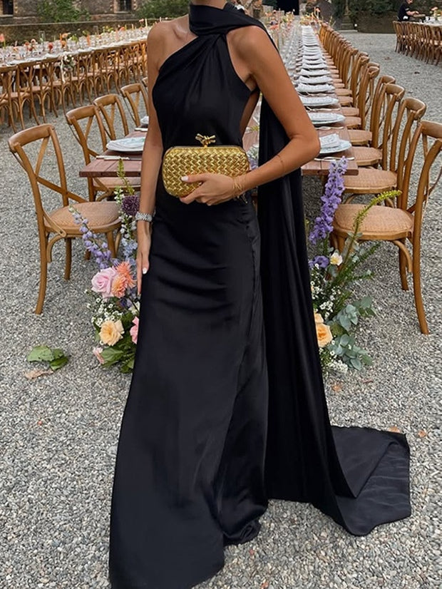 Elegant lady sleeveless halter neck long dress with ribbons-thevervian