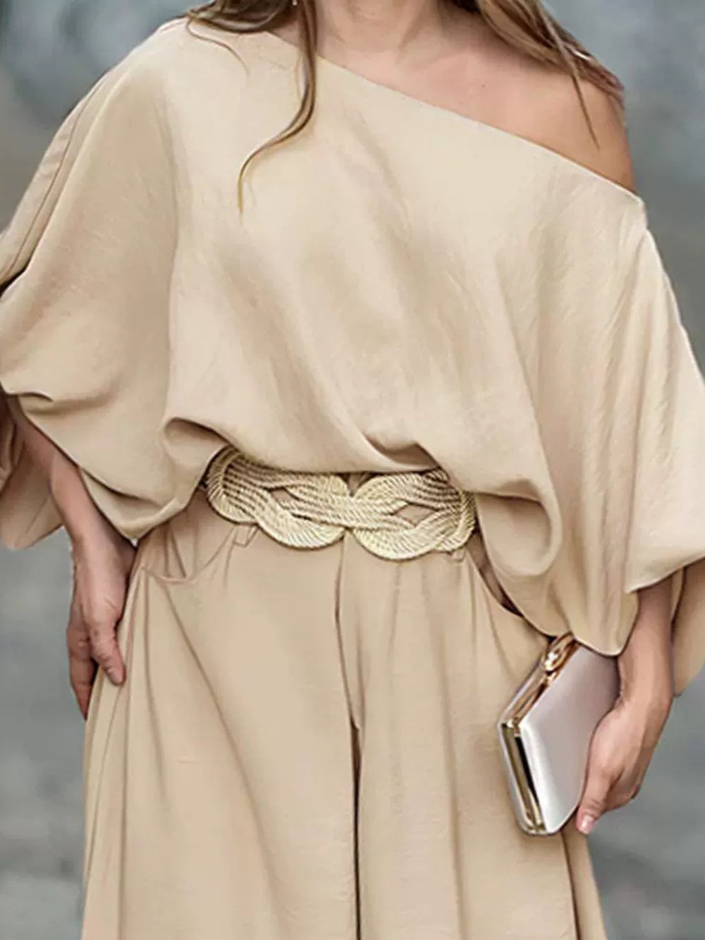 Off-shoulder lantern sleeve loose top and pants set-thevervian