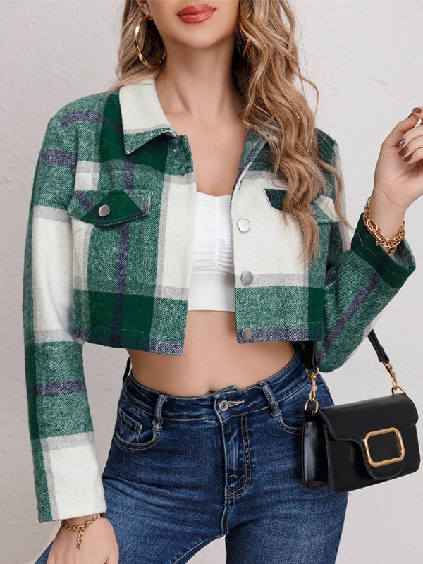 Checkered lapel cropped long-sleeved jacket-thevervian