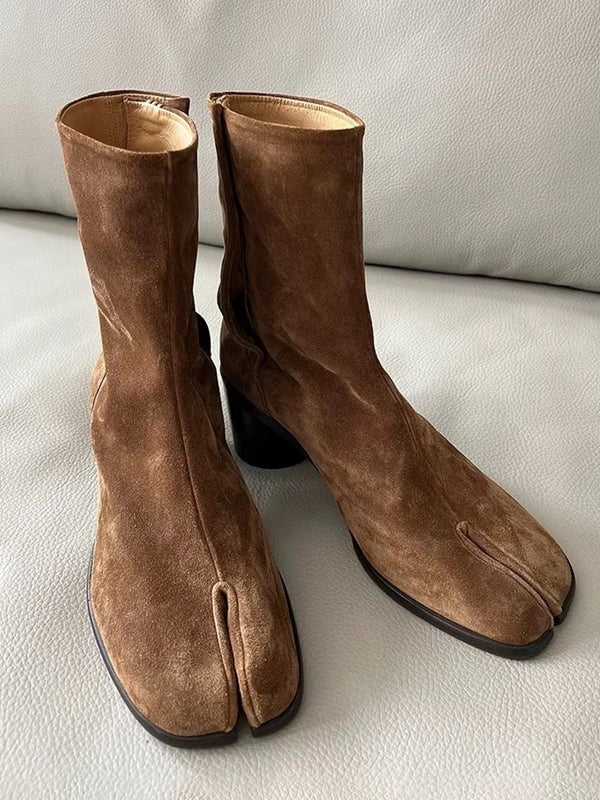 Genuine leather split-toe chunky heel mid-calf Martin boots-thevervian