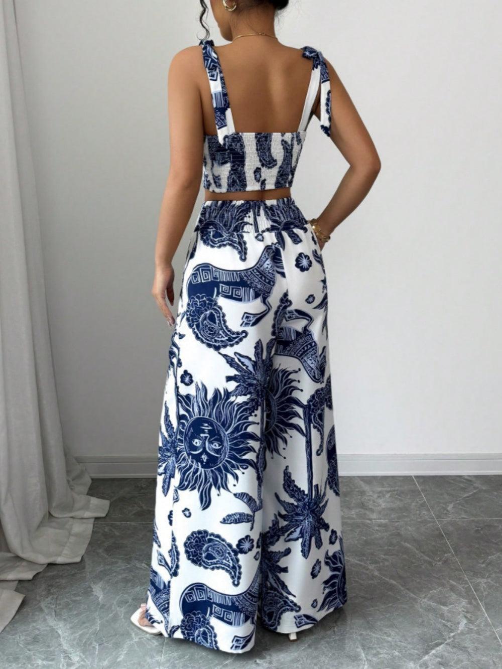 Printed V-neck top + loose wide-leg pants set-thevervian