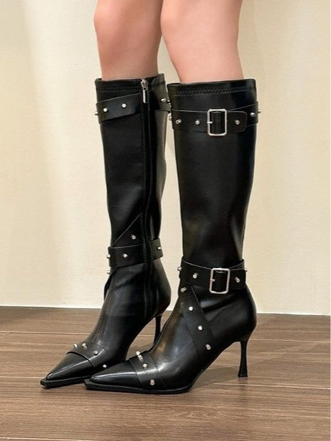 Women's pointed-toe studded high-heeled fashion boots-thevervian