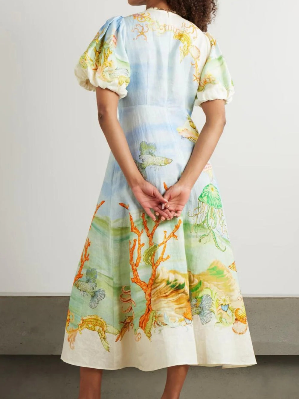 Gathered Printed Linen-Gauze Midi Dres-thevervian