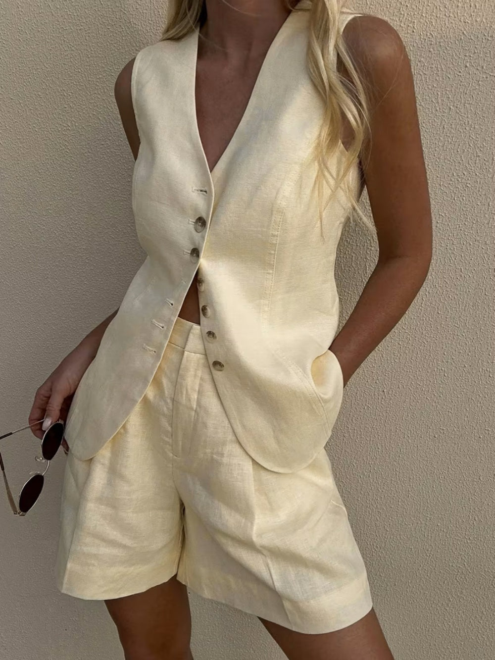 Cotton and Linen Vest + Shorts Set-thevervian