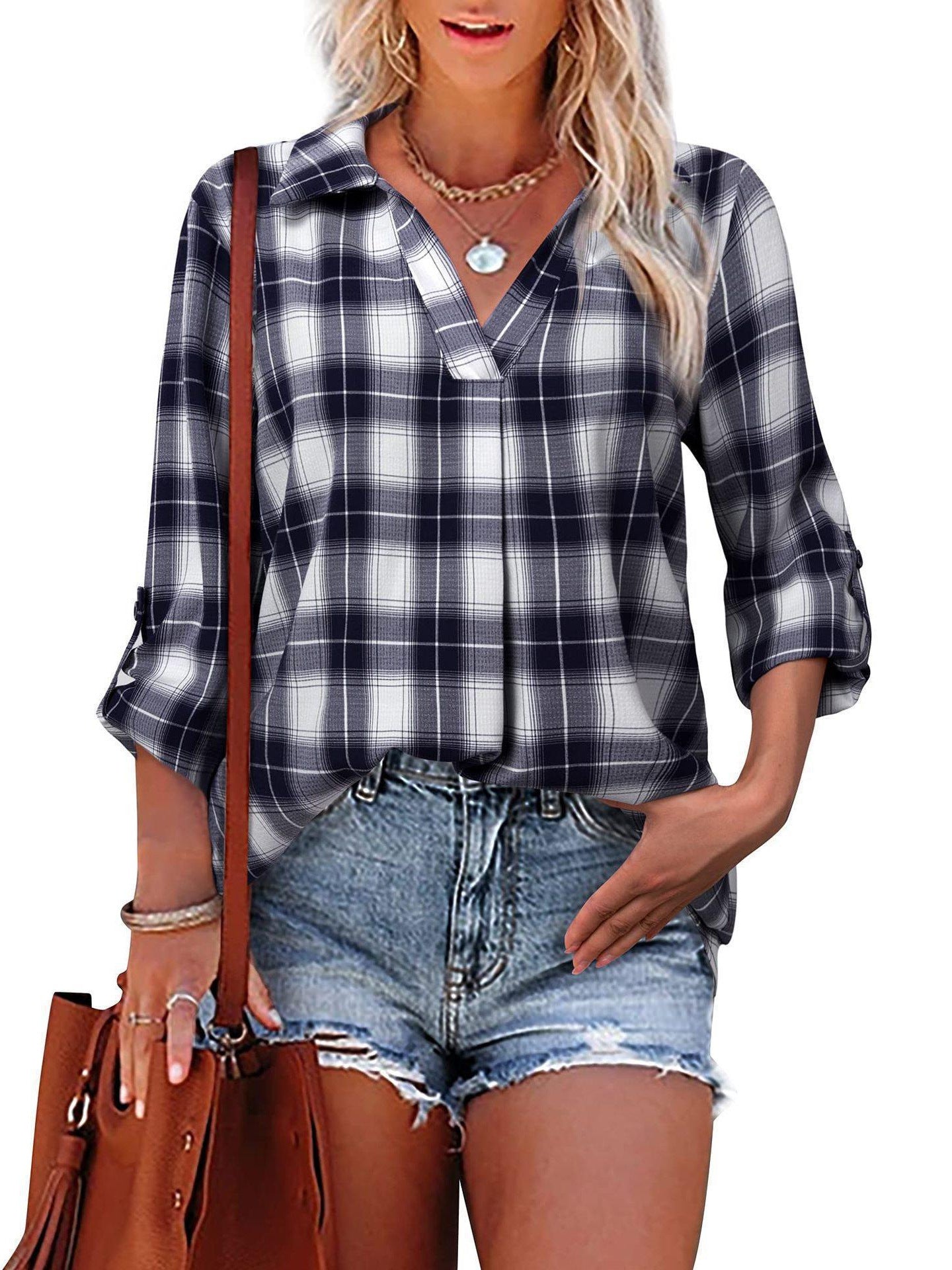 Pullover Lapel Loose Fit Women's Plaid Shirt-thevervian