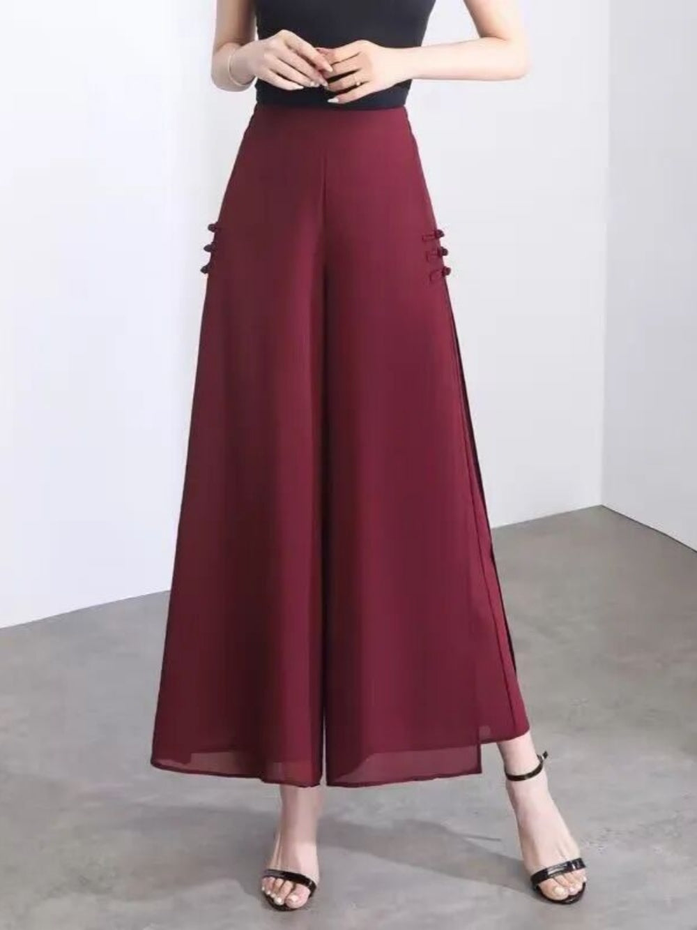 Slit drape chiffon cropped wide-leg pants-thevervian